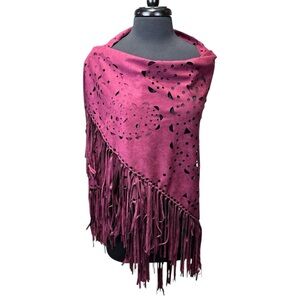 NWT Persun Maroon Faux Suede Laser Cut Fringe Shawl One Size